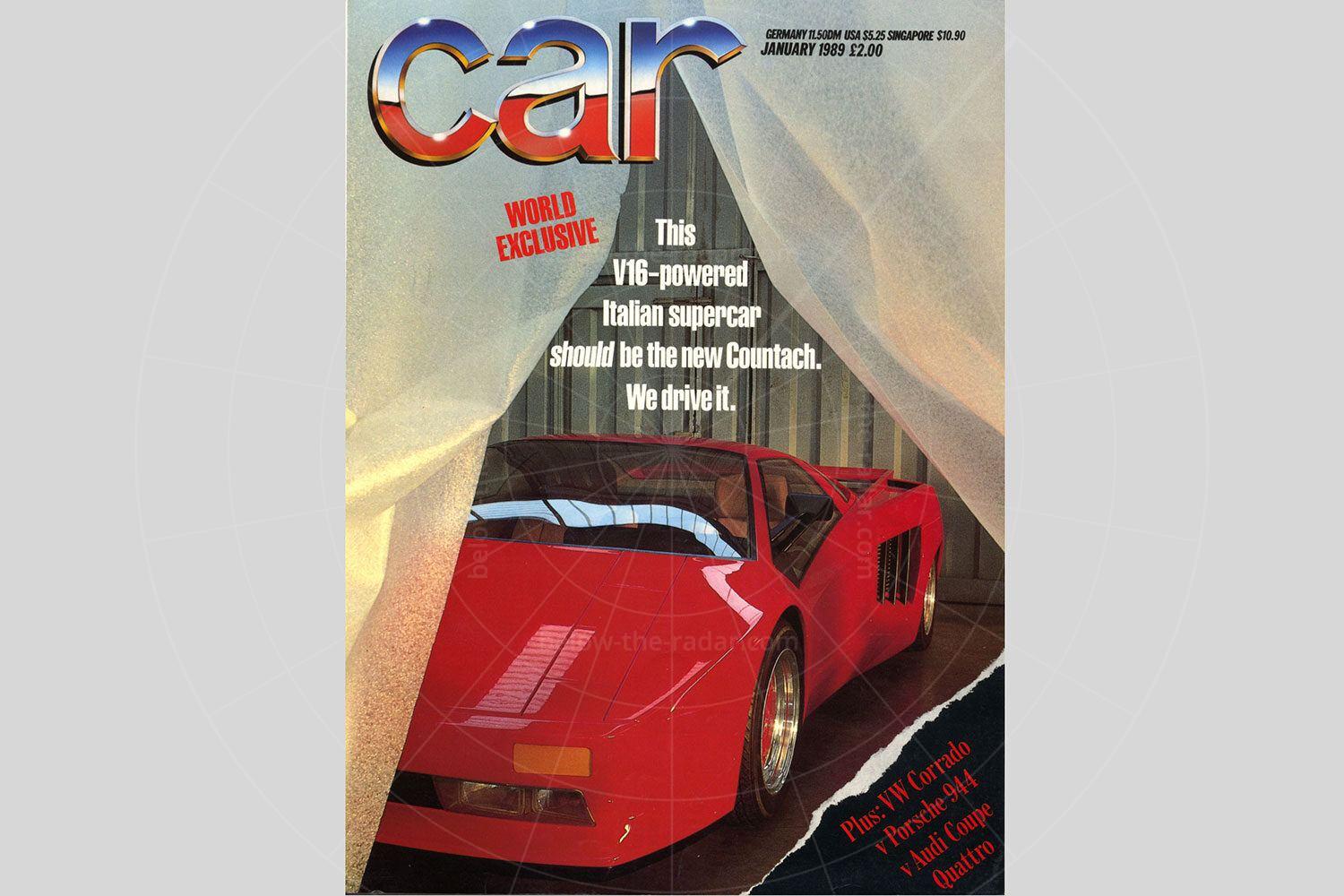 The Cizeta on the front cover of Car magazine, January 1989 Pic: magiccarpics.co.uk | The Cizeta on the front cover of Car magazine, January 1989