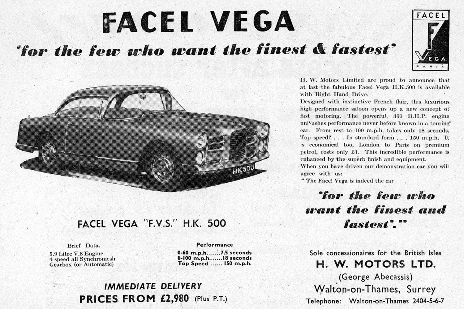Facel Vega HK500 UK advert Pic: magiccarpics.co.uk | Facel Vega HK500 UK advert