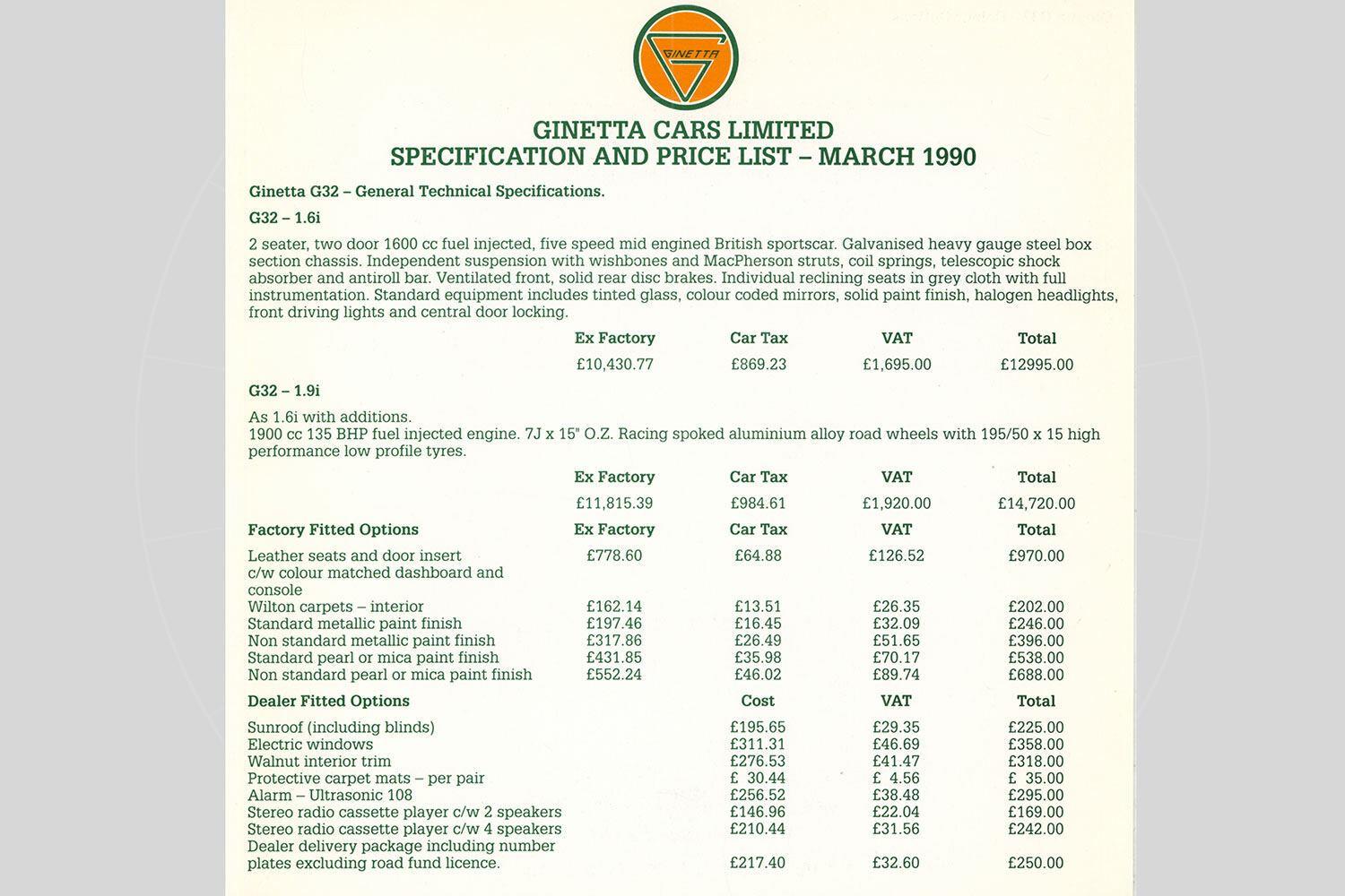 The Ginetta G32 price list in March 1990 Pic: magiccarpics.co.uk | The Ginetta G32 price list in March 1990