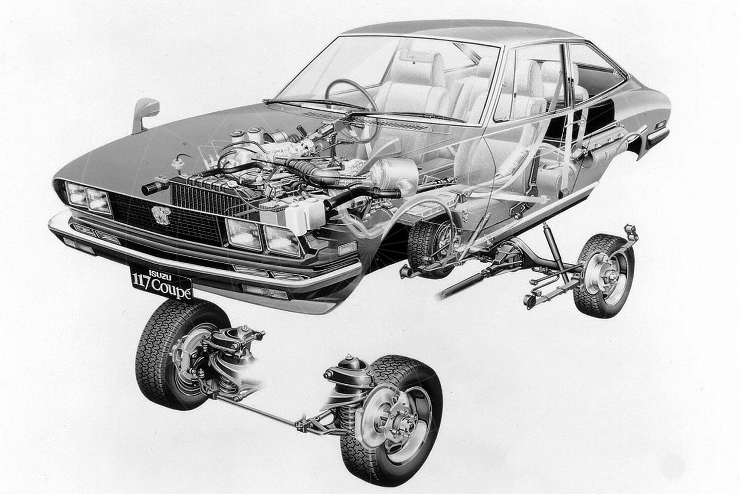 Isuzu 117 Coupé exploded view Pic: magiccarpics.co.uk | Isuzu 117 Coupé exploded view