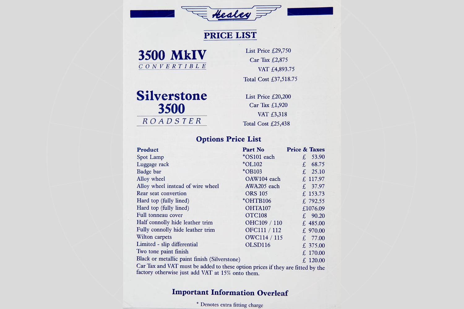 The HMC Sportscars MkIV price list Pic: Magic Car Pics | The HMC Sportscars MkIV price list